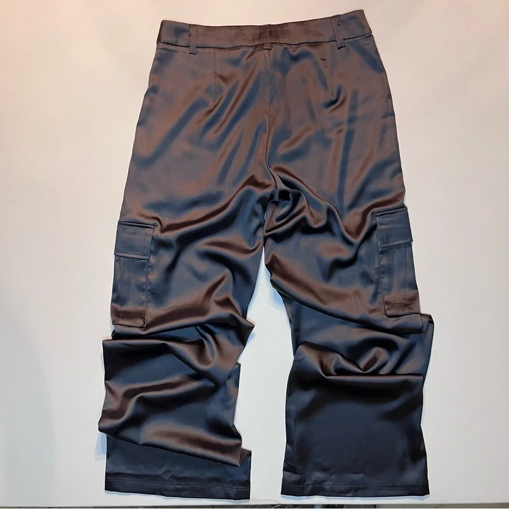 Wide Leg Satin Cargo Pants in Charcoal Gray - Picture 5 of 8